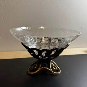Clear Crackle Glass Compote with Ornate Black & Gold Metal Base